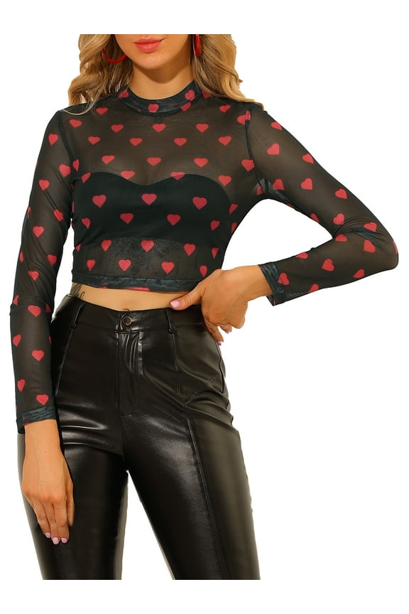 Valentine's Day Women's Crop Top Semi-Sheer Mesh Long Sleeve Crew Neck Blouse L Black