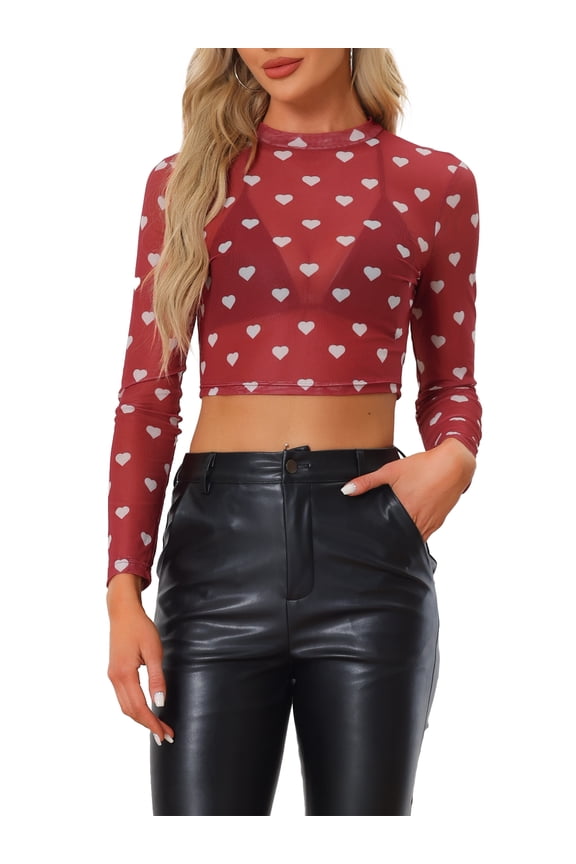 Valentine's Day Women's Crop Top Semi-Sheer Mesh Long Sleeve Crew Neck Blouse L Red