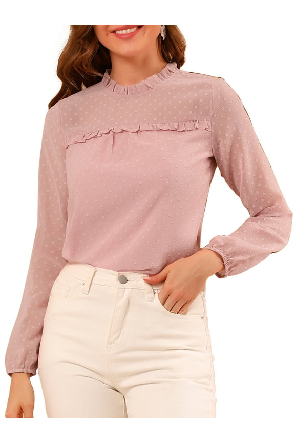 Women's Semi-Sheer Swiss Dots Ruffle Mock Neck Chiffon Blouse L Pink