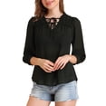 thumbnail image 1 of INSPIRE CHIC Women's Semi-Sheer Tie Neck Puff Sleeve Ruffle Work Blouse Top L Black, 1 of 6