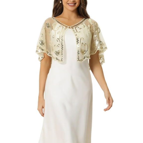 INSPIRE CHIC Women's Sequin Beaded Shawl Wraps Evening Cape Bridal Cover Ups M Champagne