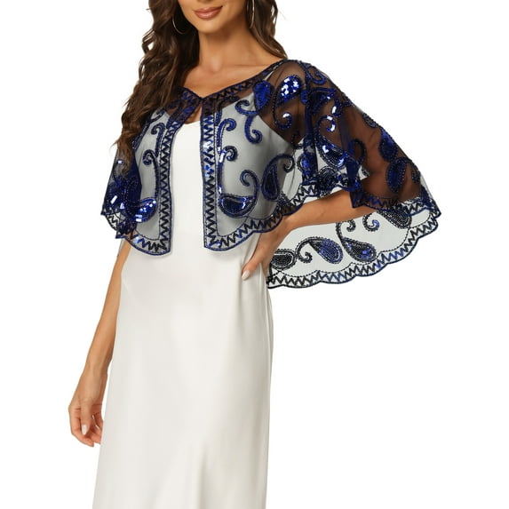 INSPIRE CHIC Women's Sequin Beaded Shawl Wraps Evening Cape Bridal Cover Ups M Navy Blue