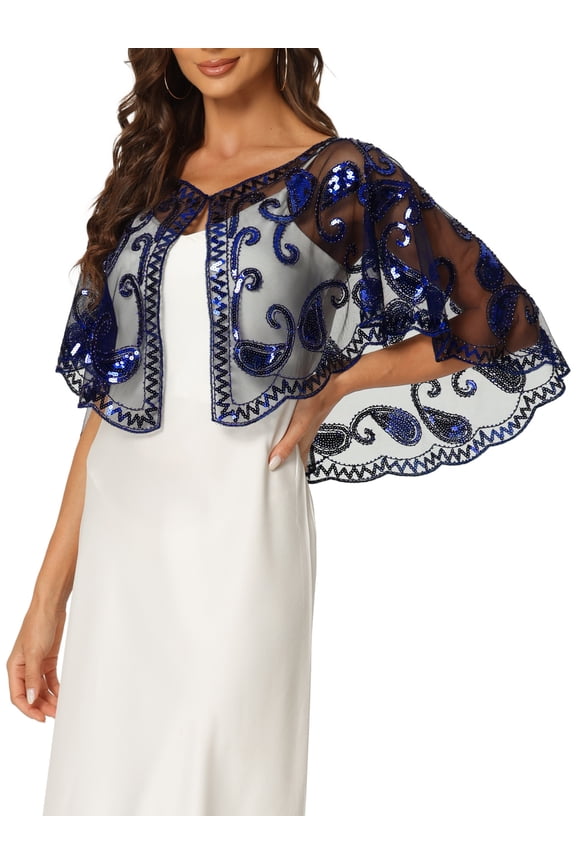 Women's Sequin Beaded Shawl Wraps Evening Cape Bridal Cover Ups M Navy Blue