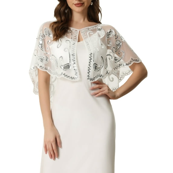 INSPIRE CHIC Women's Sequin Beaded Shawl Wraps Evening Cape Bridal Cover Ups M White