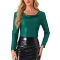thumbnail image 1 of INSPIRE CHIC Women's Sequin Glitter Tops Cowl Neck Long Sleeve Sparkle Clubwear Blouses XS Dark Green, 1 of 6