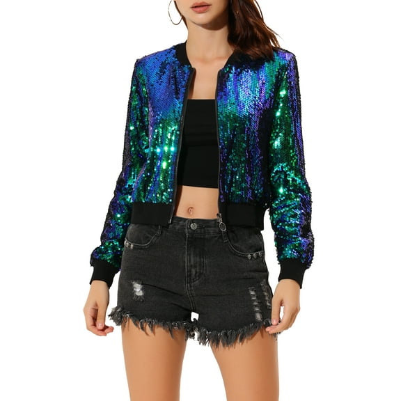 INSPIRE CHIC Women's Sequin Party Long Sleeve Zipper Up Cropped Bomber Jacket L Green