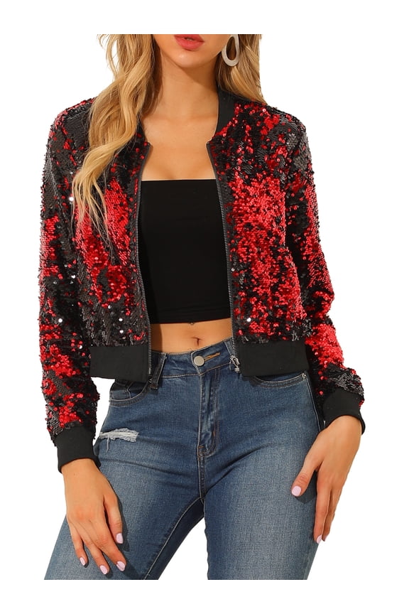 Women's Sequin Party Long Sleeve Zipper Up Cropped Bomber Jacket L Red