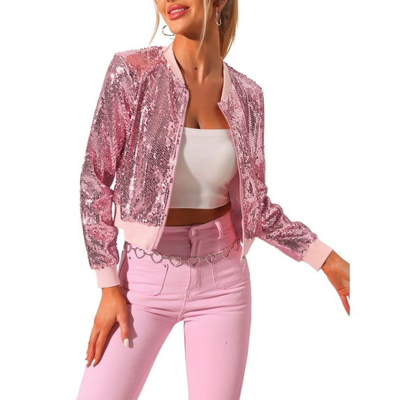 INSPIRE CHIC Women's Sequin Party Long Sleeve Zipper Up Cropped Bomber Jacket M Pink