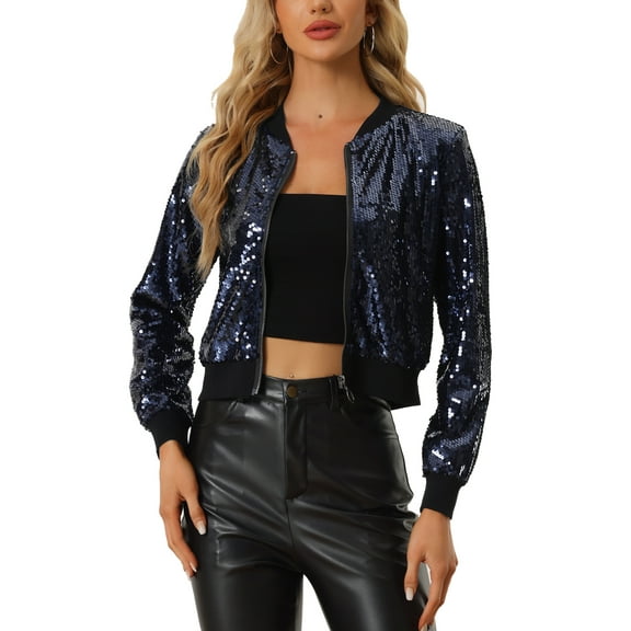 INSPIRE CHIC Women's Sequin Party Long Sleeve Zipper Up Cropped Bomber Jacket S Navy