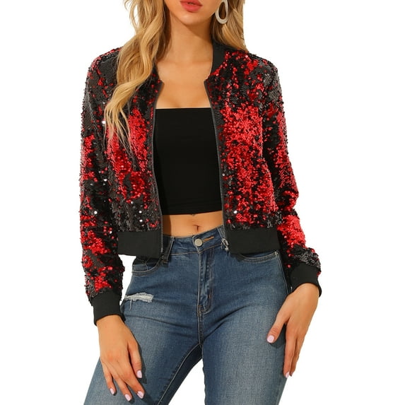 INSPIRE CHIC Women's Sequin Party Long Sleeve Zipper Up Cropped Bomber Jacket S Red