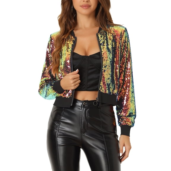 INSPIRE CHIC Women's Sequin Party Long Sleeve Zipper Up Cropped Bomber Jacket S Shiny Orange