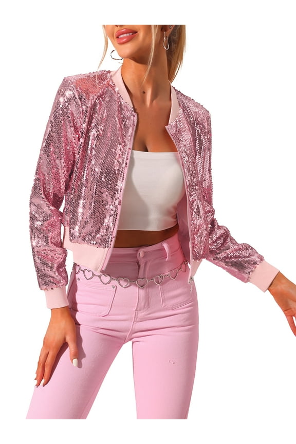 Women's Sequin Party Long Sleeve Zipper Up Cropped Bomber Jacket XL Pink