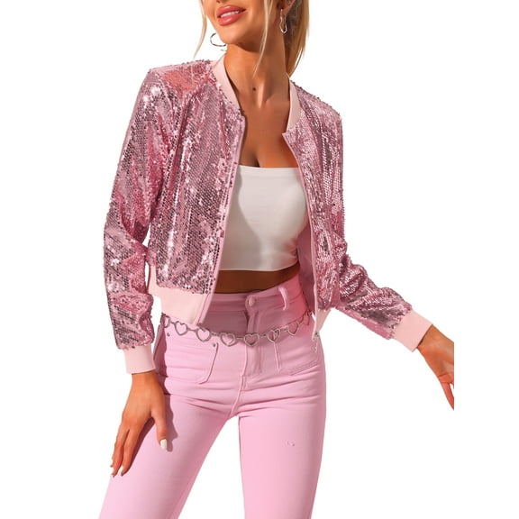 INSPIRE CHIC Women's Sequin Party Long Sleeve Zipper Up Cropped Bomber Jacket XS Pink