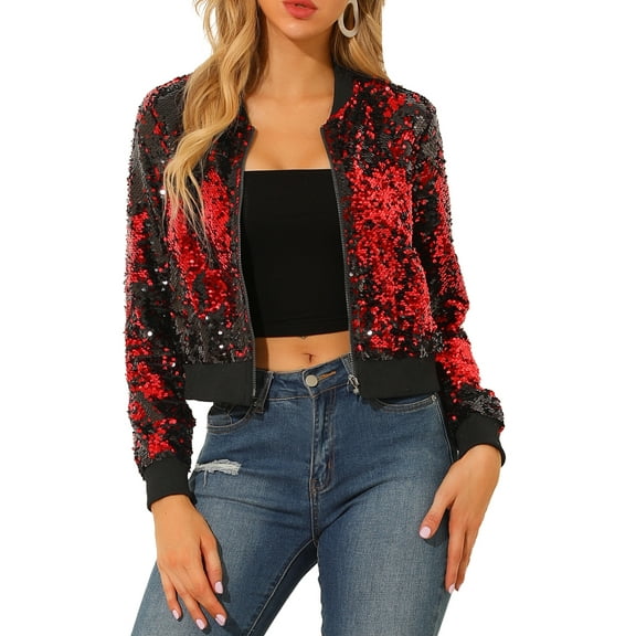 INSPIRE CHIC Women's Sequin Party Long Sleeve Zipper Up Cropped Bomber Jacket XS Red