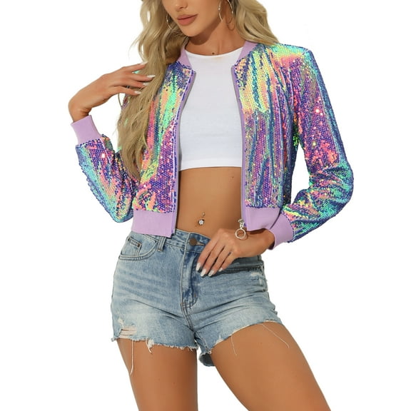 INSPIRE CHIC Women's Sequin Party Long Sleeve Zipper Up Cropped Bomber Jacket XS Shiny Purple