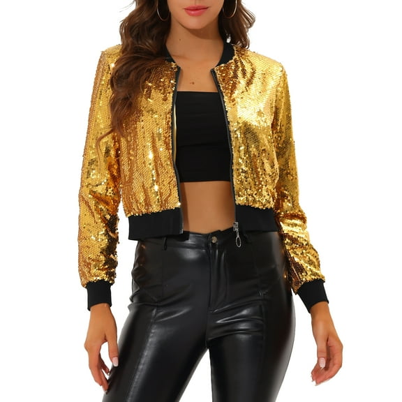 INSPIRE CHIC Women's Sequin Party Long Sleeve Zipper Up Cropped Bomber Jacket XS Yellow