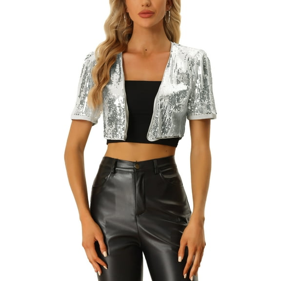 INSPIRE CHIC Women's Sequin Puff Short Sleeve Open Front Party Crop Cardigan XL silver