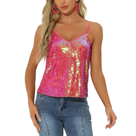 INSPIRE CHIC Women's Sequin Spaghetti Strap Crop Camisole Tank Tops L Pink Holographic