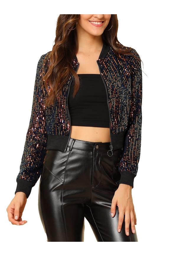 Women's Sequin Sparkle Zipper Cropped Bomber Jacket M Apricot