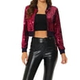 thumbnail image 1 of INSPIRE CHIC Women's Sequin Sparkle Zipper Cropped Bomber Jacket M Rose Red, 1 of 6