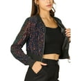 thumbnail image 1 of INSPIRE CHIC Women's Sequin Sparkle Zipper Cropped Bomber Jacket S Black-Red, 1 of 7