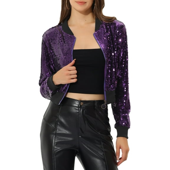 INSPIRE CHIC Women's Sequin Sparkle Zipper Cropped Bomber Jacket S Purple