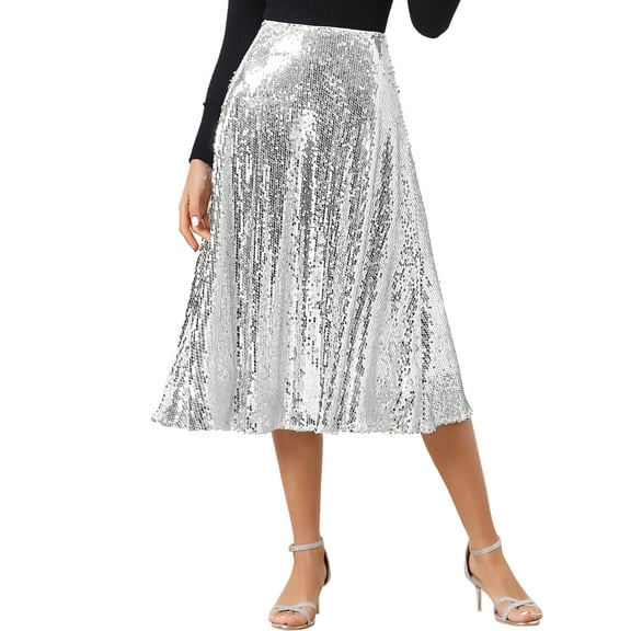 INSPIRE CHIC Women's Sequin Sparkly High Waist Glitter Cocktail Party Midi Skirt XS Silver