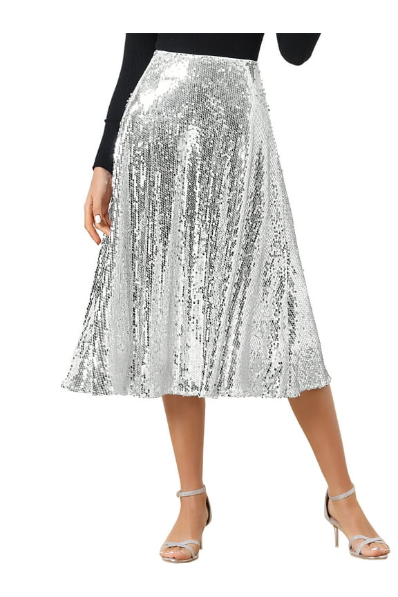 Women's Sequin Sparkly High Waist Glitter Cocktail Party Midi Skirt XS Silver