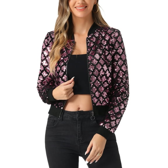INSPIRE CHIC Women's Sequin Stand Collar Long Sleeve Zipper Cropped Bomber Jacket L Pink