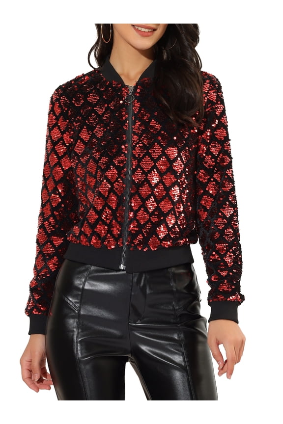 Women's Sequin Stand Collar Long Sleeve Zipper Cropped Bomber Jacket M Red