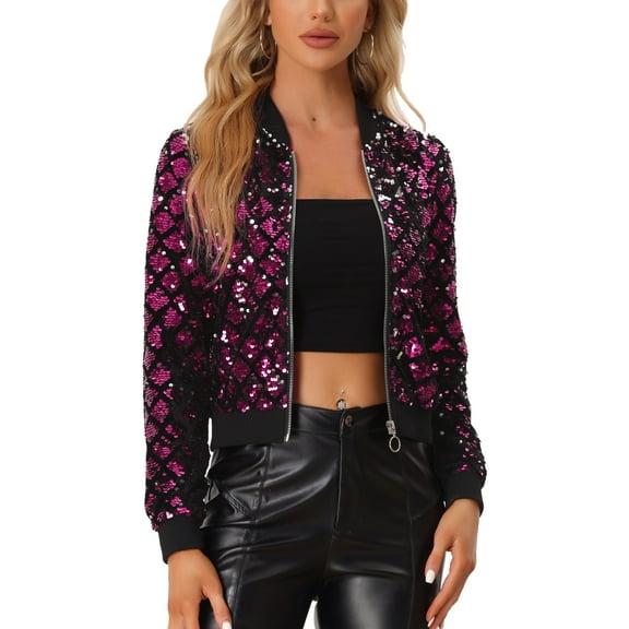 INSPIRE CHIC Women's  Sequin Stand Collar Long Sleeve Zipper Cropped Bomber Jacket S Hot Pink