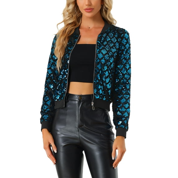 INSPIRE CHIC Women's Sequin Stand Collar Long Sleeve Zipper Cropped Bomber Jacket XL Blue