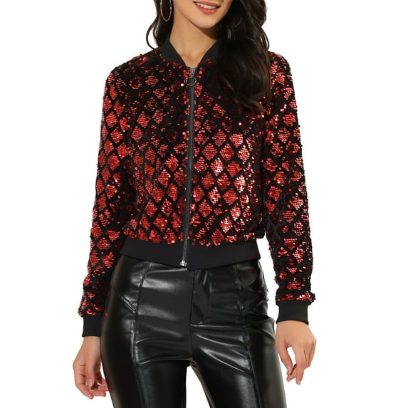 INSPIRE CHIC Women's Sequin Stand Collar Long Sleeve Zipper Cropped Bomber Jacket XL Red