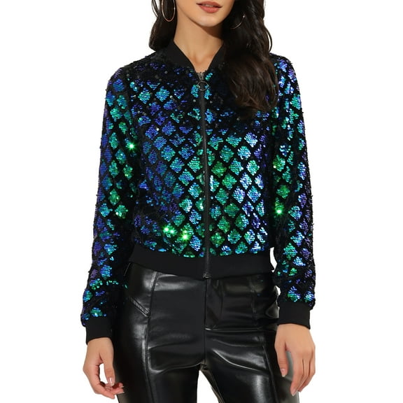 INSPIRE CHIC Women's  Sequin Stand Collar Long Sleeve Zipper Cropped Bomber Jacket M Green