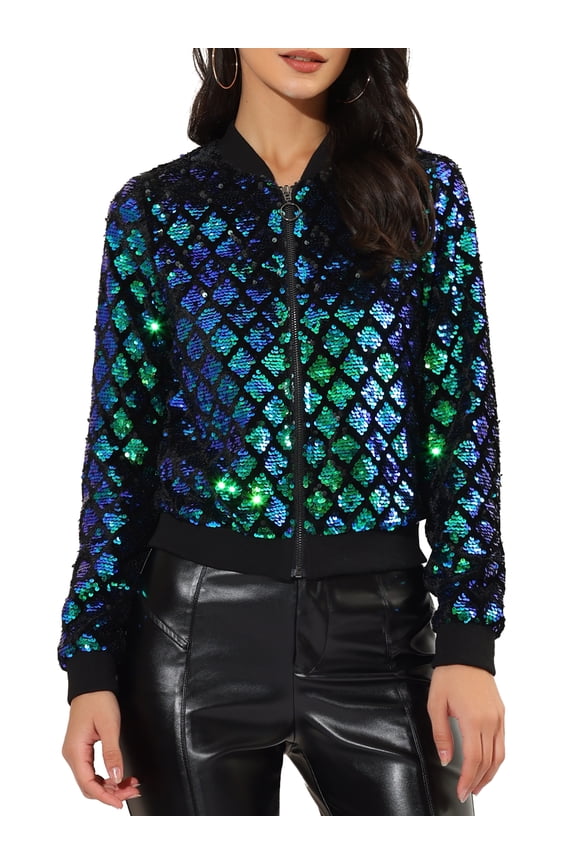 Women's  Sequin Stand Collar Long Sleeve Zipper Cropped Bomber Jacket M Green