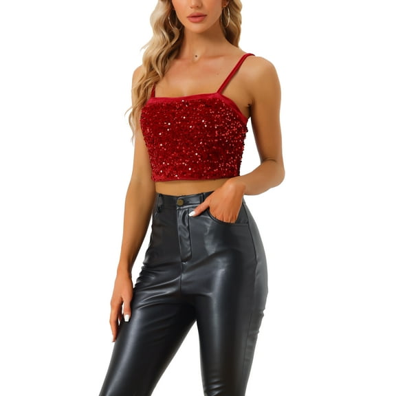 INSPIRE CHIC Women's Sequin Velvet Spaghetti Strap Club Party Crop Cami Top