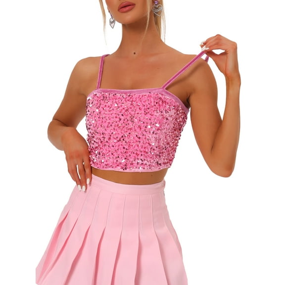 INSPIRE CHIC Women's Sequin Velvet Spaghetti Strap Club Party Crop Cami Top