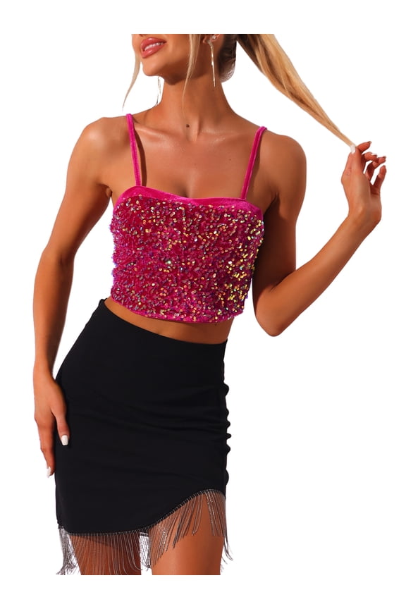 Women's Sequin Velvet Spaghetti Strap Club Party Crop Cami Top
