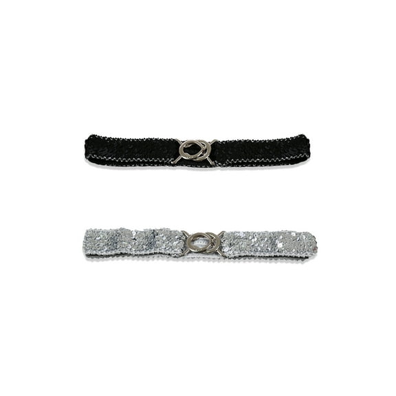 INSPIRE CHIC Lady Sequins Decor Metal Interlooking Buckles Elastic Waist Belt 19.68" to 29.52" Silver & Black