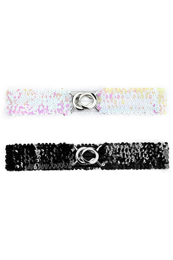 INSPIRE CHIC Lady Sequins Decor Metal Interlooking Buckles Elastic Waist Belt 19.68" to 29.52" Black & Multicolor