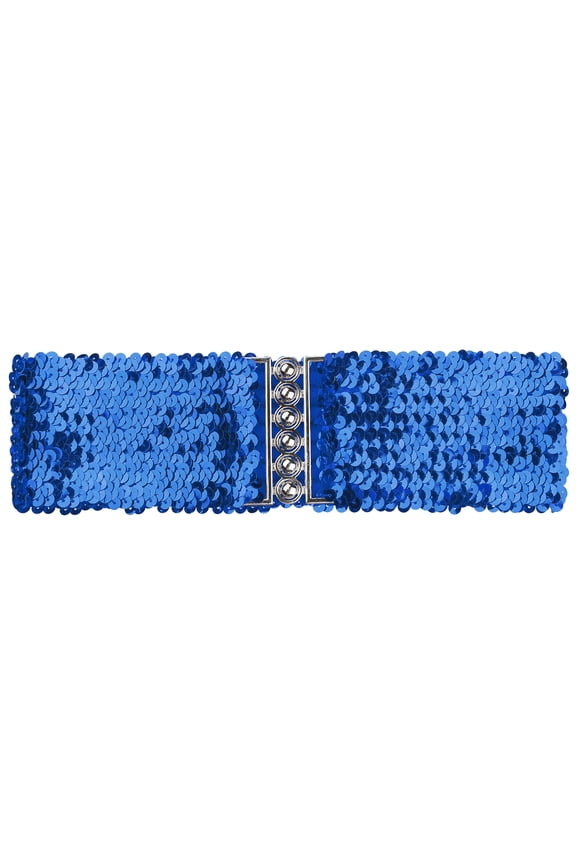 Ladies Sequins Decor Metal Interlocking Buckles Elastic Waist Belt One Size Blue