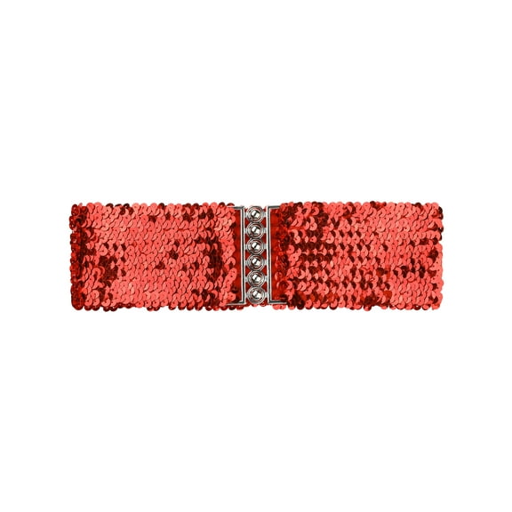 INSPIRE CHIC Ladies Sequins Decor Metal Interlocking Buckles Elastic Waist Belt One Size Red