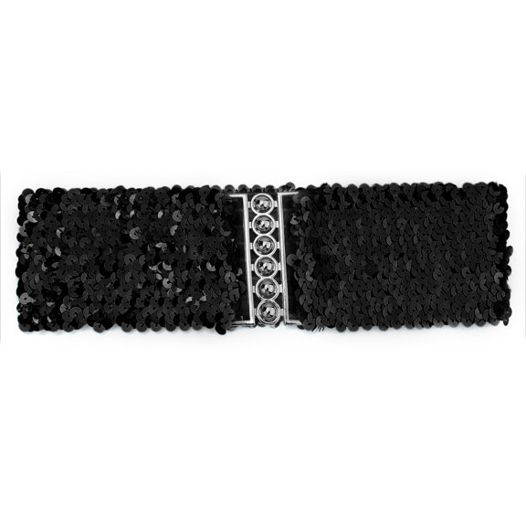 INSPIRE CHIC Ladies Sequins Decor Metal Interlocking Buckles Elastic Waist Belt One Size Black
