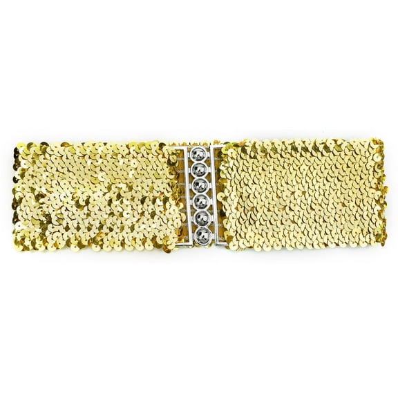 INSPIRE CHIC Ladies Sequins Decor Metal Interlocking Buckles Elastic Waist Belt One Size Gold
