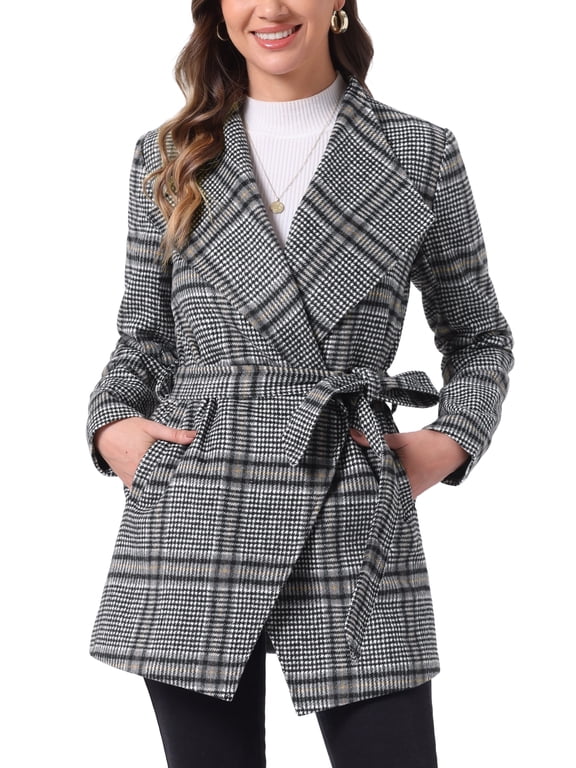 Women's Shawl Collar Asymmetrical Hem Belted Plaid Coat M Black White