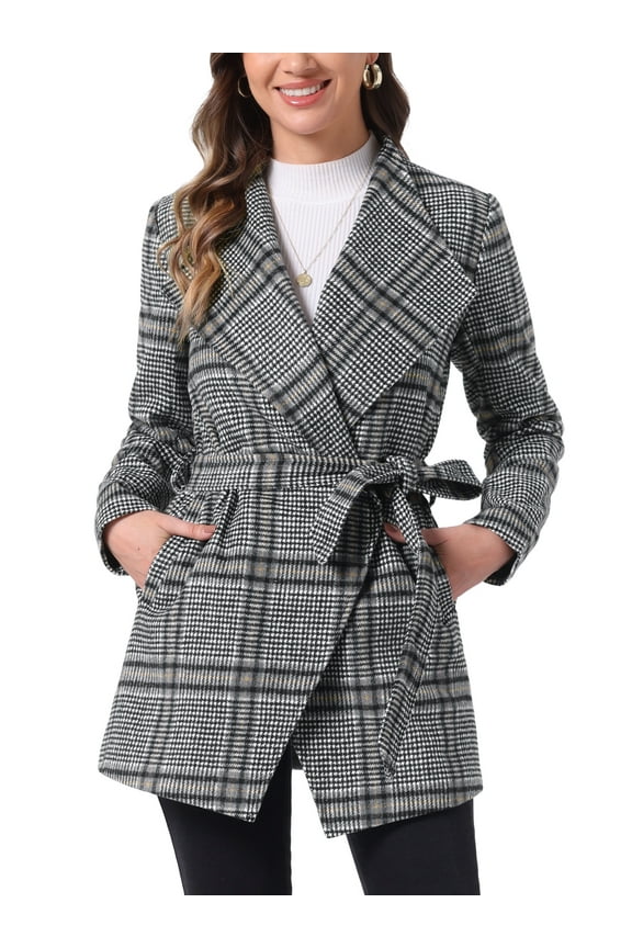 Women's Shawl Collar Asymmetrical Hem Belted Plaid Coat M Black White
