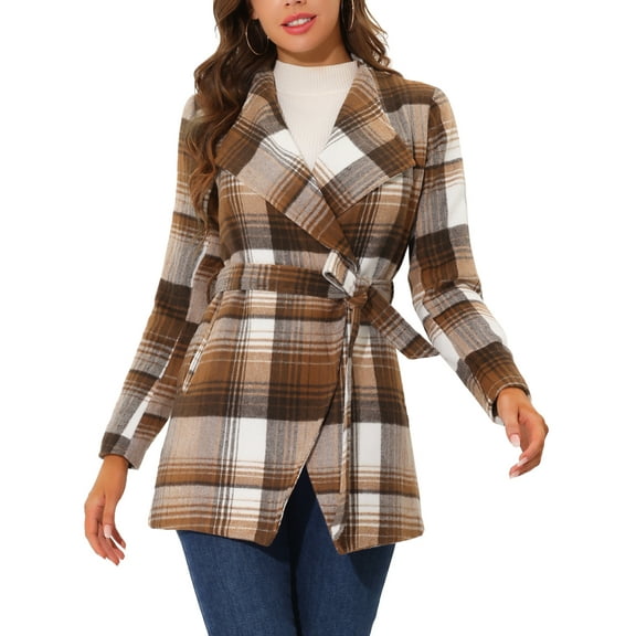 INSPIRE CHIC Women's Shawl Collar Asymmetrical Hem Belted Plaid Coat M Brown