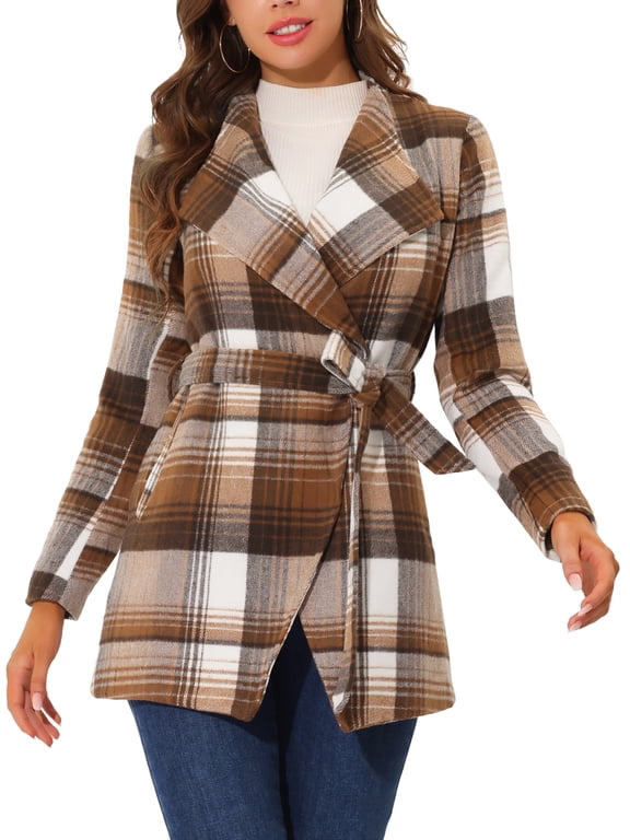 Women's Shawl Collar Asymmetrical Hem Belted Plaid Coat M Brown