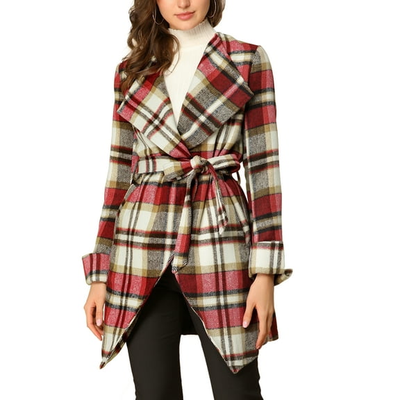 INSPIRE CHIC Women's Shawl Collar Asymmetrical Hem Belted Plaid Coat S Red White