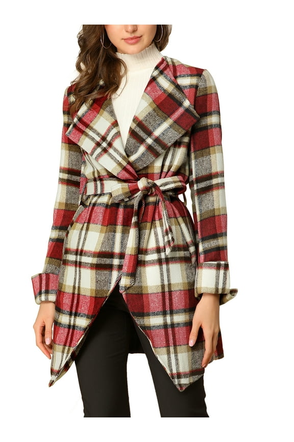 Women's Shawl Collar Asymmetrical Hem Belted Plaid Coat S Red White